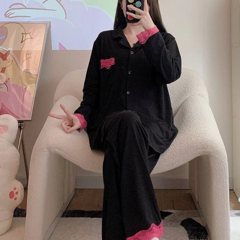 

Пижамный комплект, осенний новый кружевной женский комплект с длинными рукавами, свободная удобная верхняя одежда, домашняя одежда, черный модный домашний костюм из двух предметов