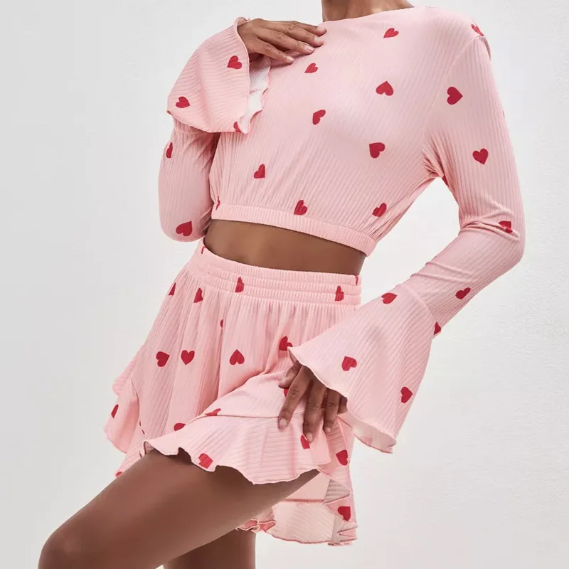 Women Pajamas Sets Love Heart Printed Sleepwear Comfort Nightwear Long Sleeve Tops+Shorts Two Piece Suits Casual Home Clothes