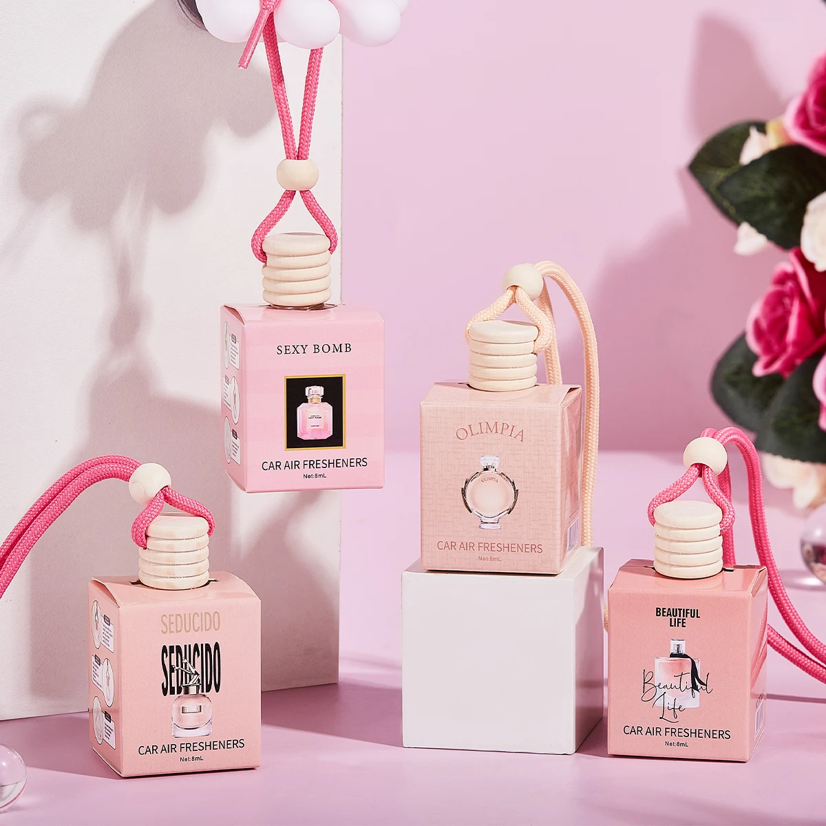 4pcs Pink Car Fragrance Car Interior Accessories, Perfume Pendant Car Supplies, Fresh Air Car Fragrance
