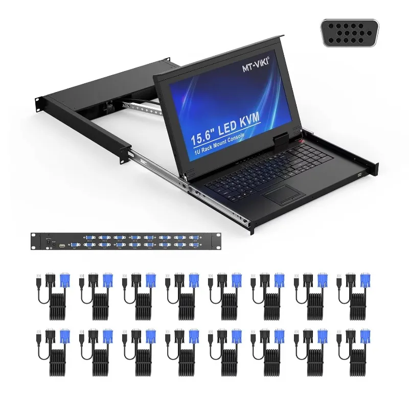 16 Port VGA KVM Console, 1U Rack Mount KVM Console W/15.6'' LCD Monitor, 1080P All-in-ONE LCD KVM Console
