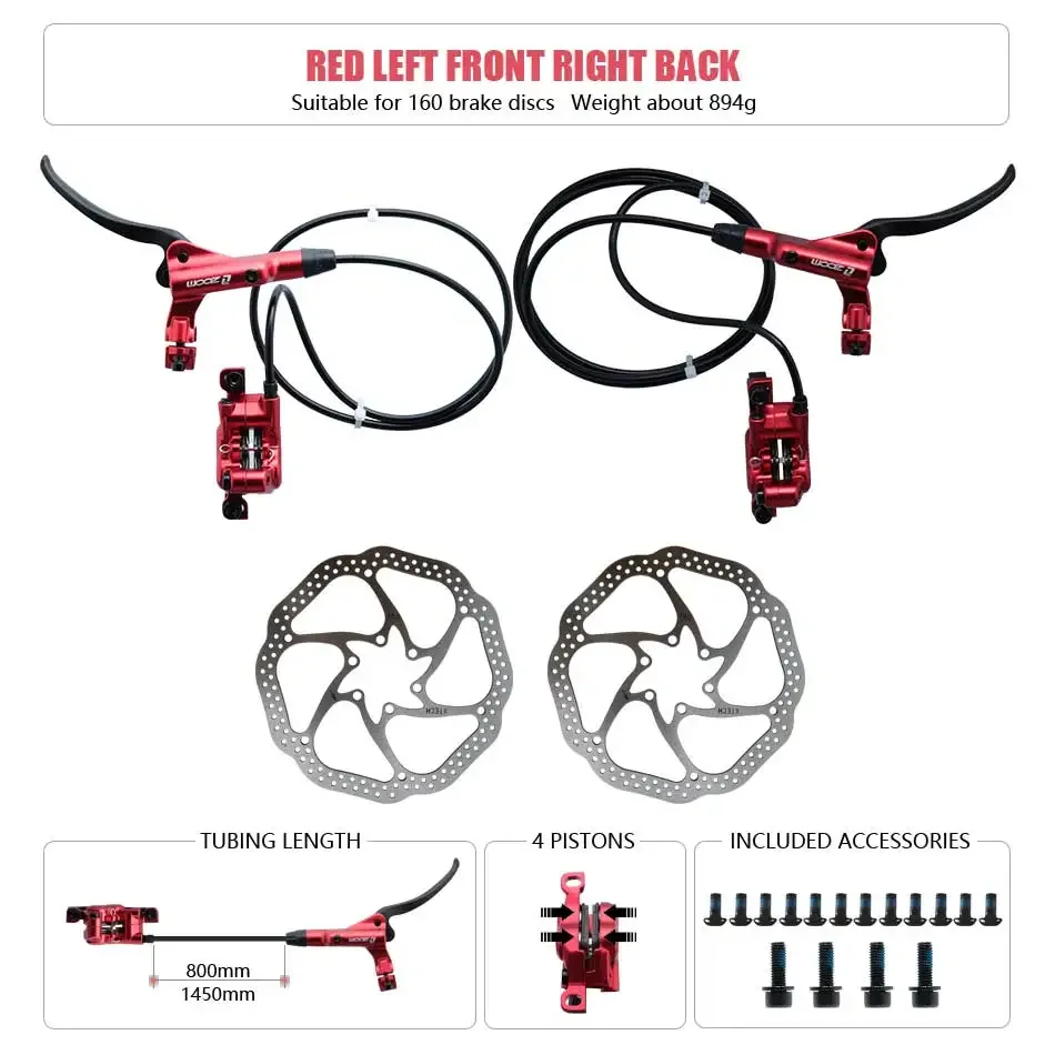 Zoom HB-876 4 Zuiger Opvouwbare Mountainbike Schijf Hydraulische Rem Set Voor 800 Achter 1400 Mm Mtb Fiets Kramp Rode Fietsonderdelen