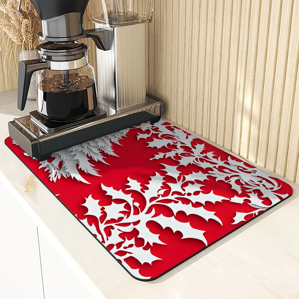 Absorbent Mat Christmas Holly Berry Kitchen Antiskid Drying Mat Quick Dry Bathroom Drain Pad Tableware Mat