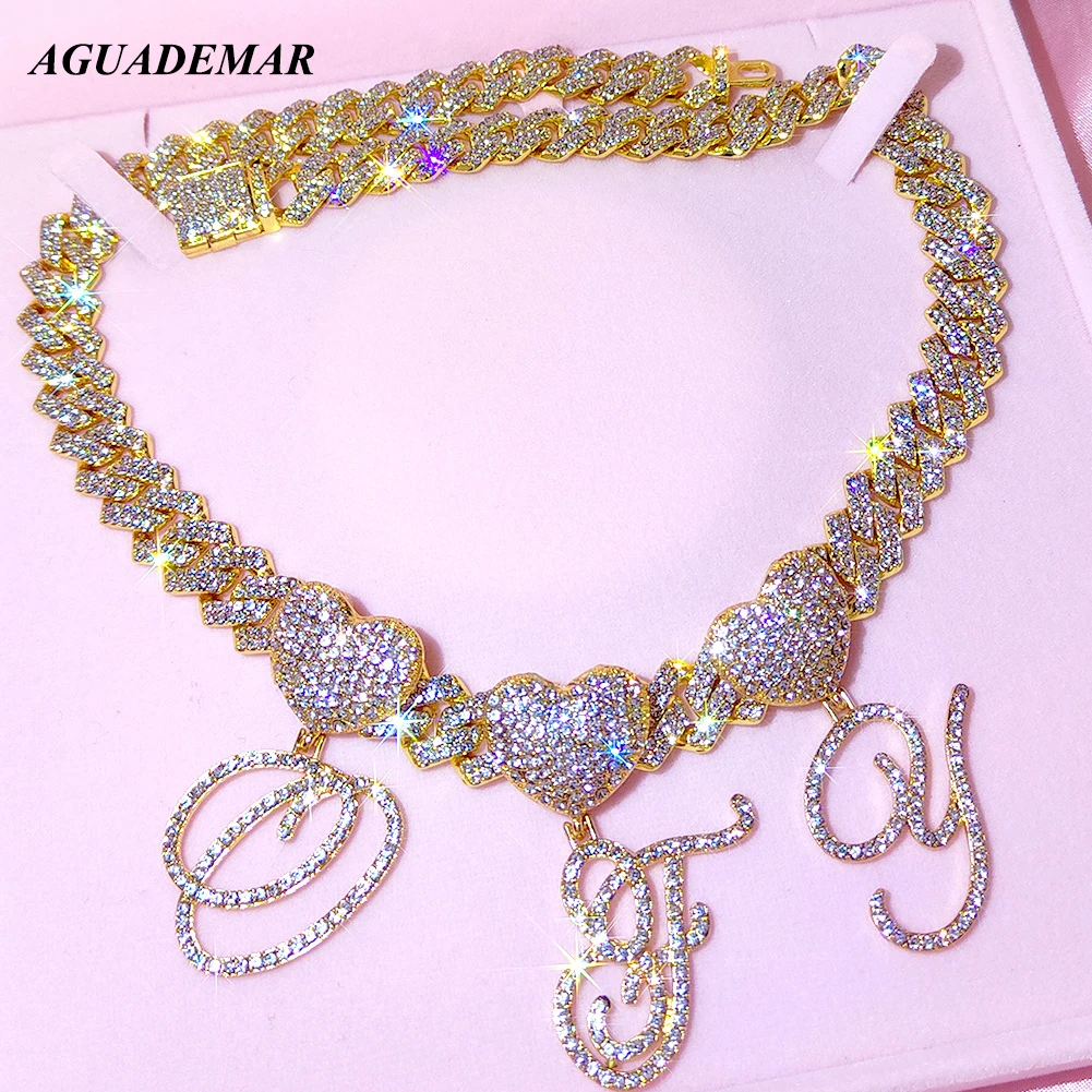 

Hip Hop Bling 14mm Curb Cuban Link Chain For Women Iced Out Rhinestones Cursive Alphabet Pendant Cuban Necklaces Jewelry Gifts