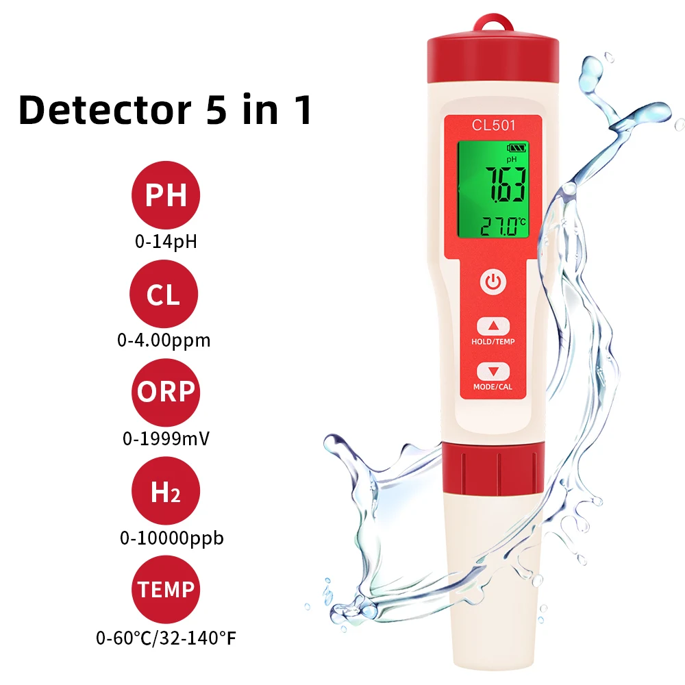 5 in 1 Chlorine Meter PH CL2 H2 ORP Temperature Meter Water Quality Tester for Pools Drinking Water Aquarium Swimming Pool