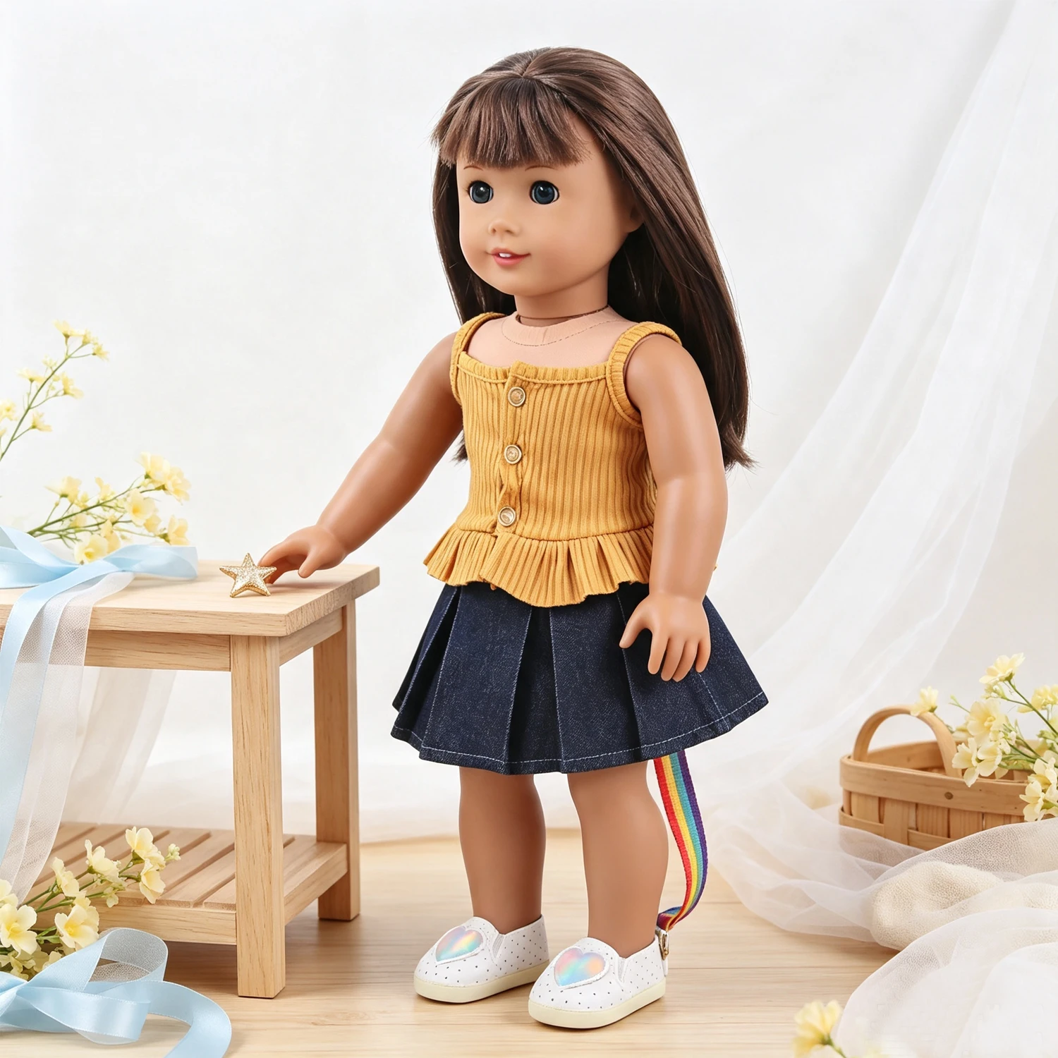Doll Clothes Set Ribbed Cami Top Denim Pleated Skirt + Heart Shoes Outfit Fit 18 Inch American & OG Girl Dolls Toy Accessories