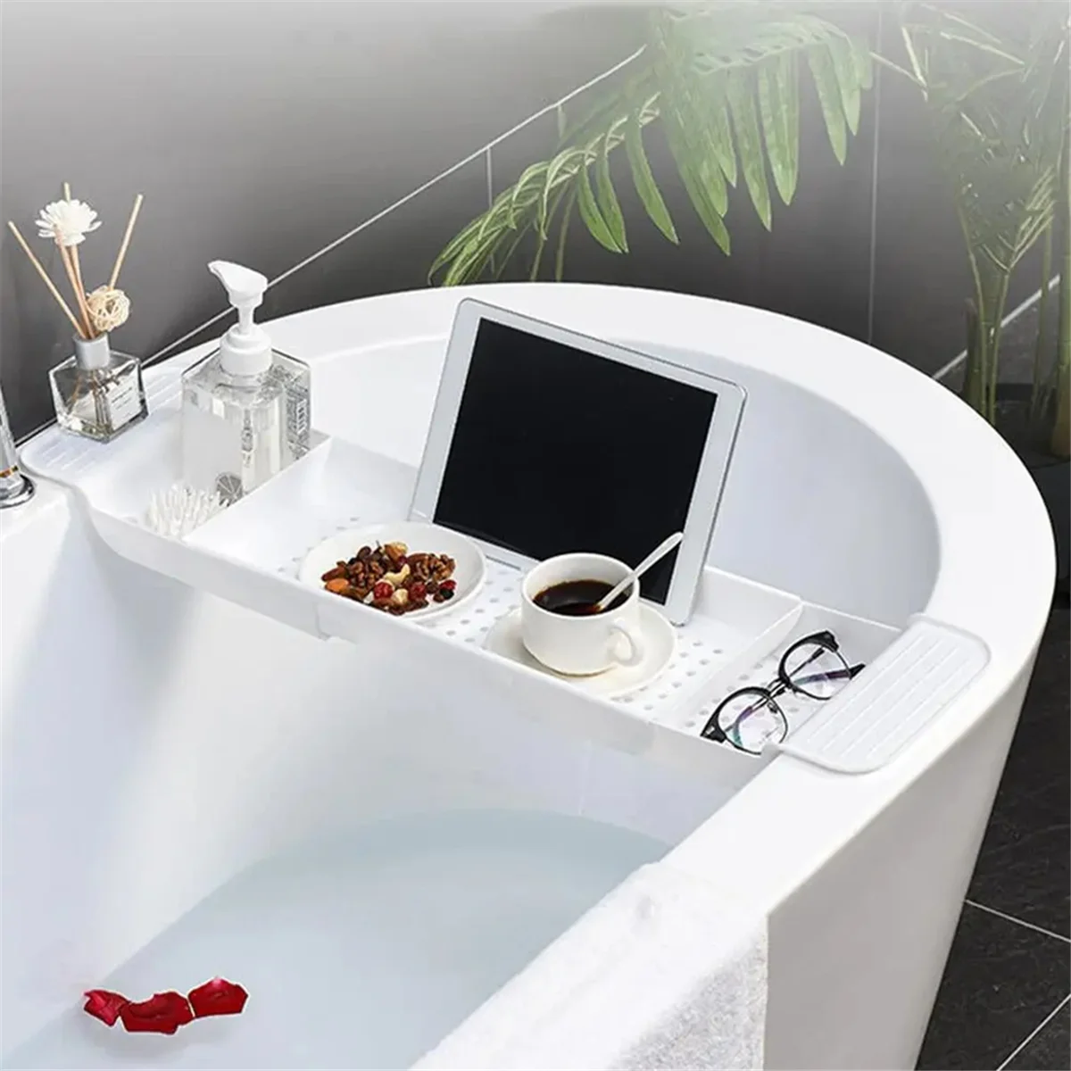 Bath Tub Tray Extendable Draining Bath Tray Space-Saving Household Bathtub Shelf Small Storage Tray for Towels Glasses