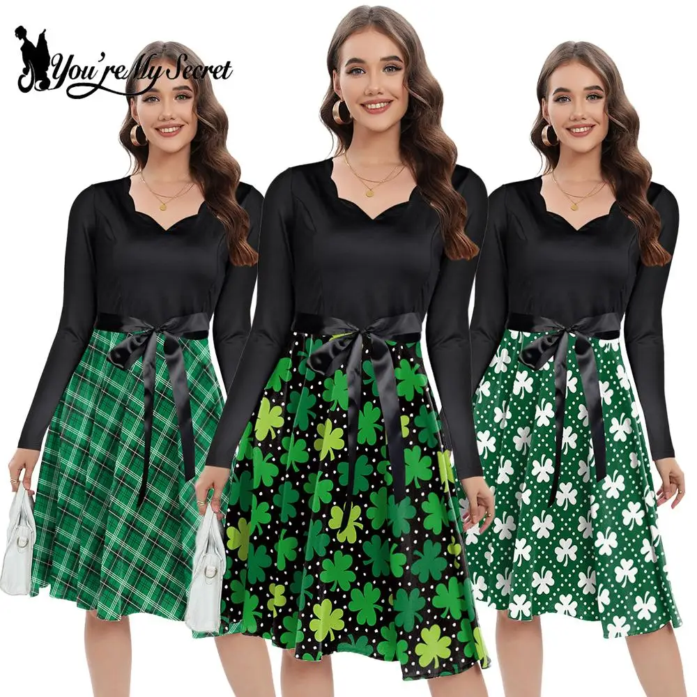 

[You're My Secret] 2025 Women Vintage Long Sleeve Dress Girls Elegant Party Dress St Patrick's Day Green 3D Print Holidays Dress