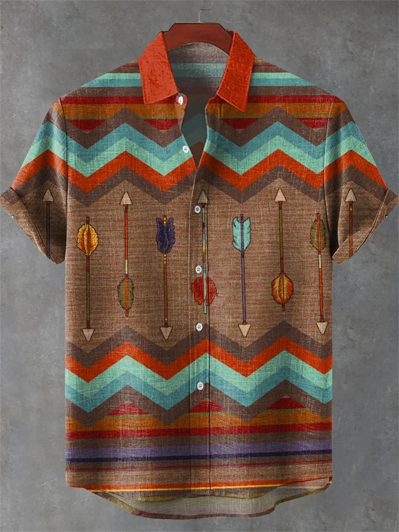 Мужская верхняя рубашка с короткими рукавами и цветочным принтом в этническом стиле, удобная рубашка с клапаном, пляжная праздничная Гавайская летняя повседневная рубашка