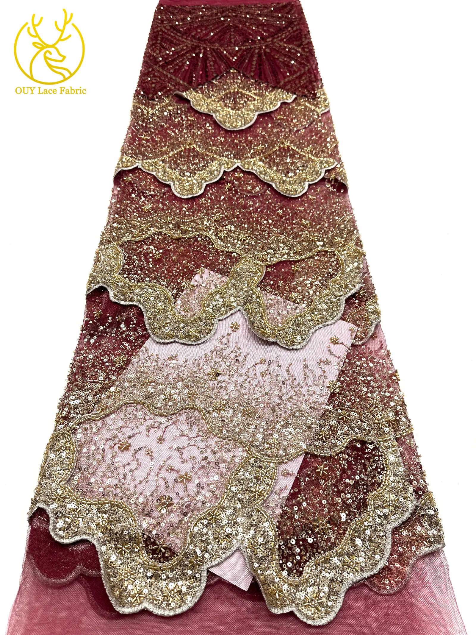 Goldene luxuriöse nigerianische 3D handgefertigte DIY-Stickerei-Spitze, afrikanische Perlen-Pailletten-Spitze für Damen, Hochzeitskleid, Partykleid, zum Nähen – Detail 15