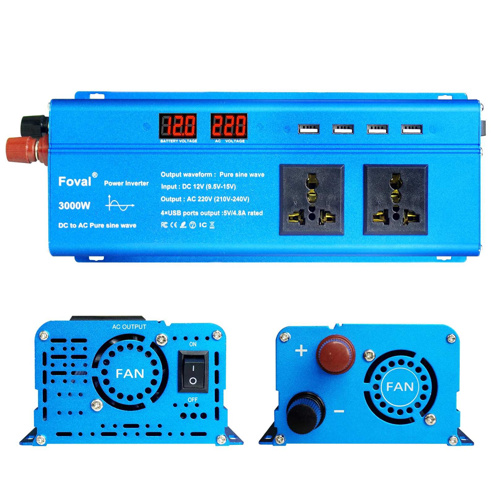自動車用インバーター3000W,12V,220V,EUプラグ,3ソケット,4 USB,インバーター,ソーラーアクセサリー
