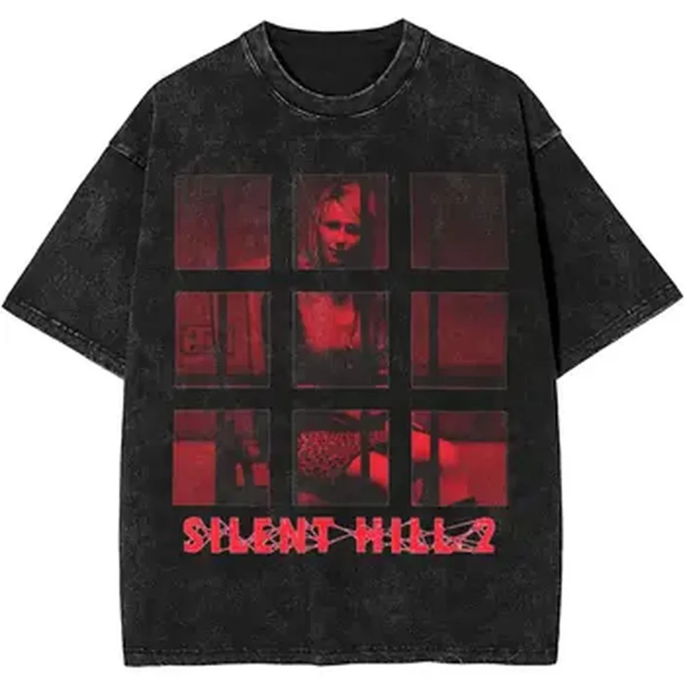 Vintage Washed Cotton T-shirt Silent Hill 2 Graphic T Shirts Oversized Short Sleeve Tee Shirt Men Women Clothing Cotton Tshirt