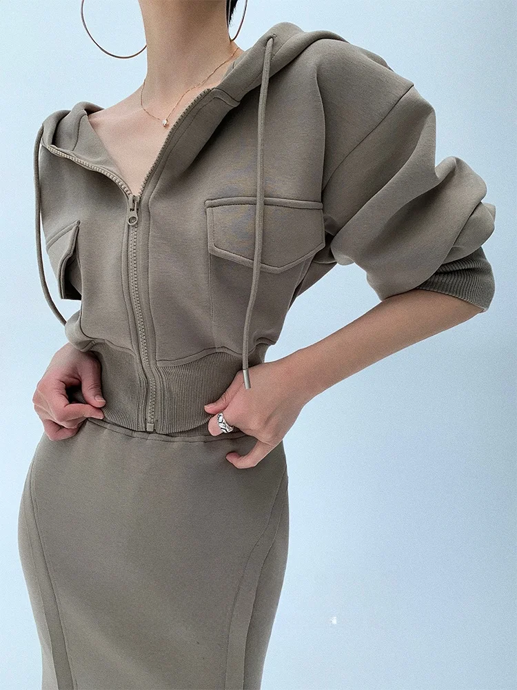

Foundume Autumn Winter New Sle Reii Tea ort Hoodie And Midi Skirt Set Women's Faion Ensemble ort Cuffed Sve Design