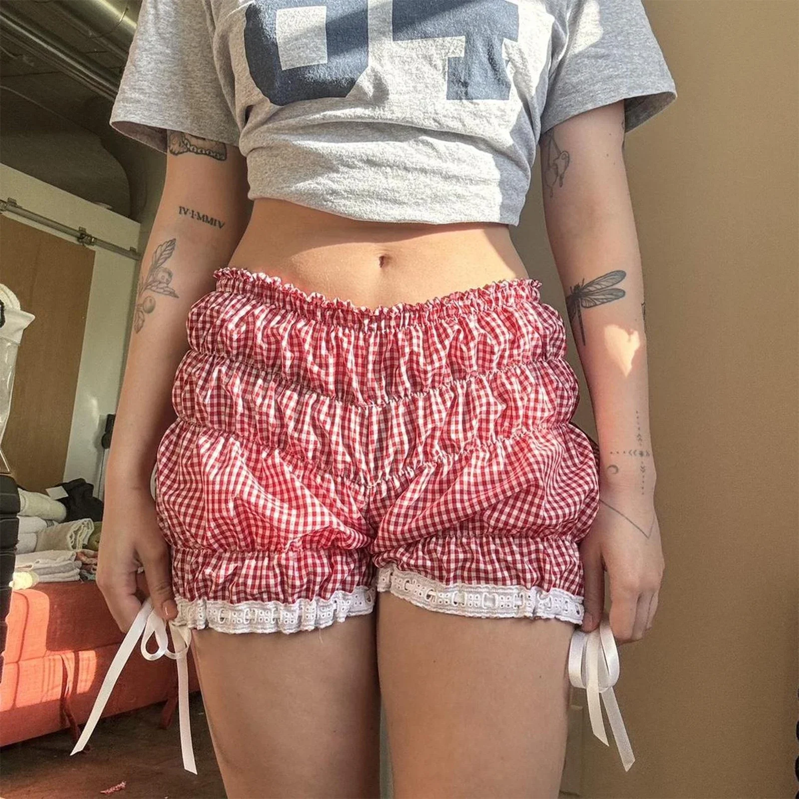 

Cute Ruffle Bloomer Shorts Women Lolita Low Rise Gingham Y2k Pj Lounge Sleep Mini Boxer Pajamas Checkered Micro Pants