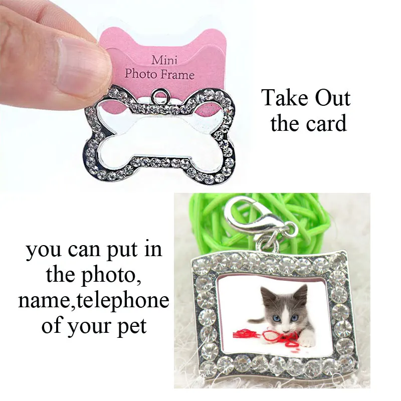 Dog ID Tag Pet Cat Collar Pendant Crystal Photo Frame Bone Heart Dog Tag Handwriting Name Phone Number Address Anti-lost Fashion