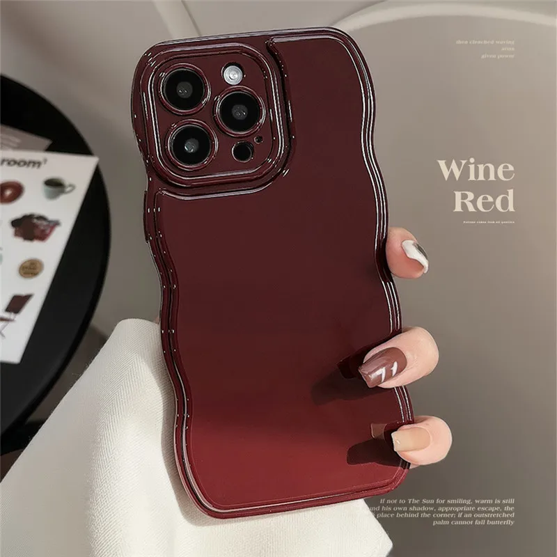 Ottwn Solid Color Curly Wavy Phone Case For iPhone 15 14 13 12 11 Pro Berry Wine Red Soft Silicone Shockproof Bumper Back Covers