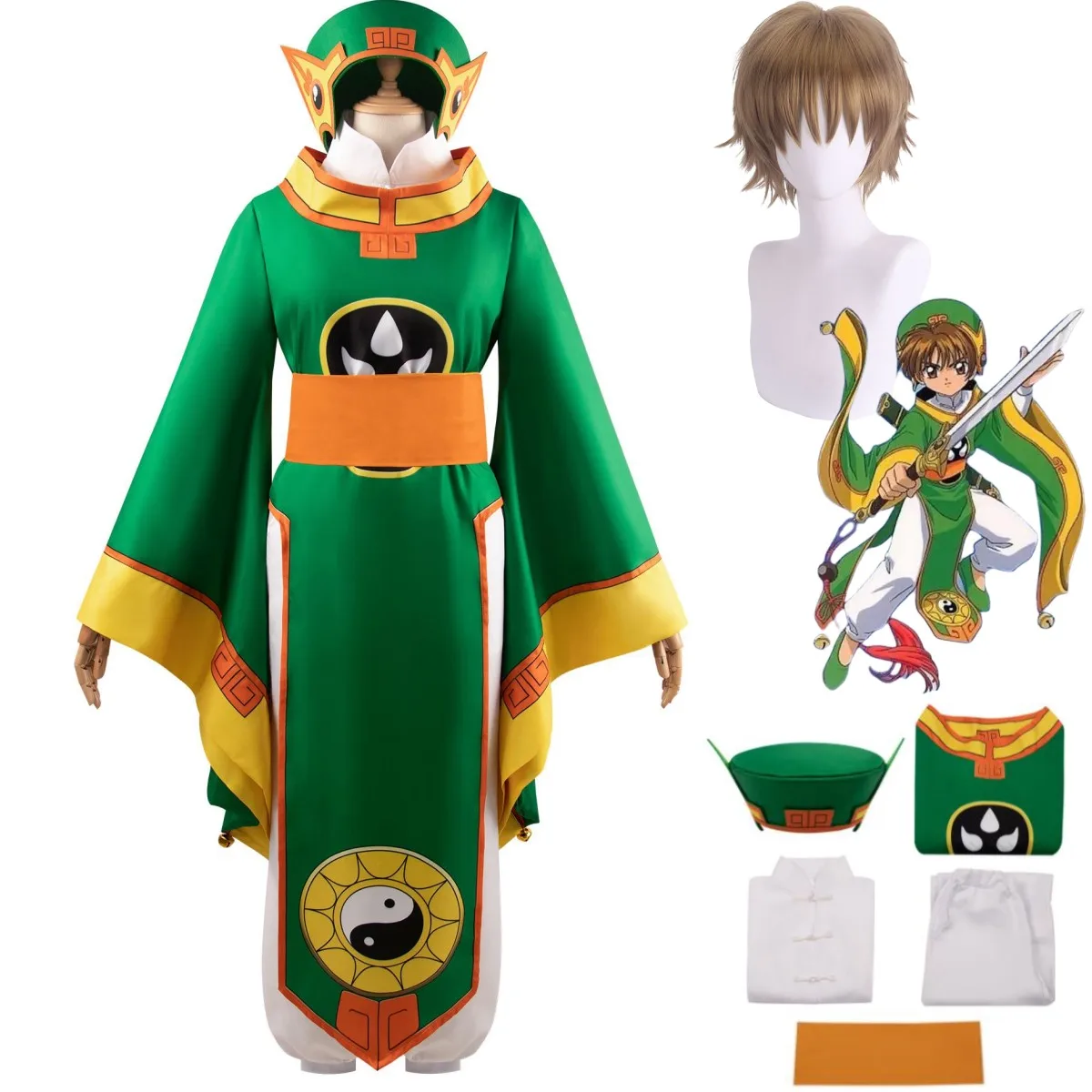 

Anime Cardcaptor Sakura CCS Card Captor Li Syaoran Cosplay Costume Wig Fight Chinese Green Robe Man Carnival Halloween Suit