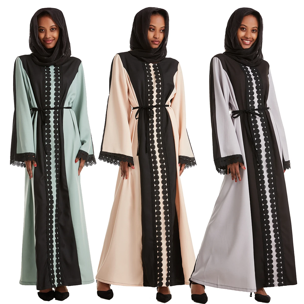 

Muslim Lady Round Collar Appliqued Belt Long Sleeves Abaya Arab Women Lace Zipper Traditional Ankle Length Robe Maxi Dress