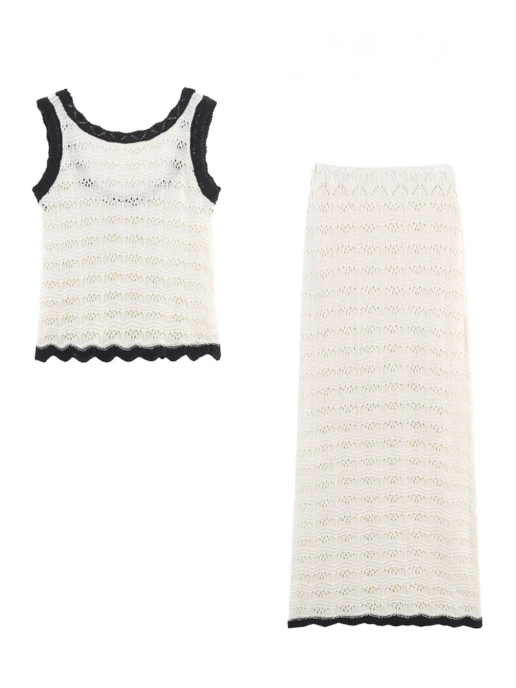 HH женский летний элегантный однотонный топ без рукавов с круглым вырезом + шикарная уличная повседневная трикотажная юбка-миди с эластичной резинкой на талии