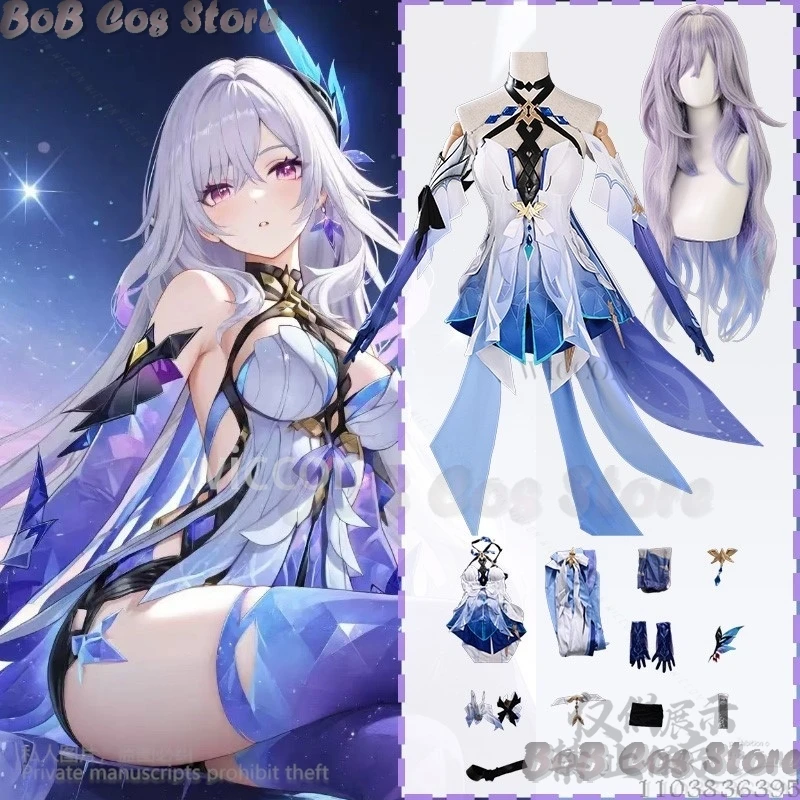 

Game Genshin Impact Cosplay Skirk Clothes Sexy Halterneck Skirt With Irregular Trailing Violet-blue Lolita Carnival Customized