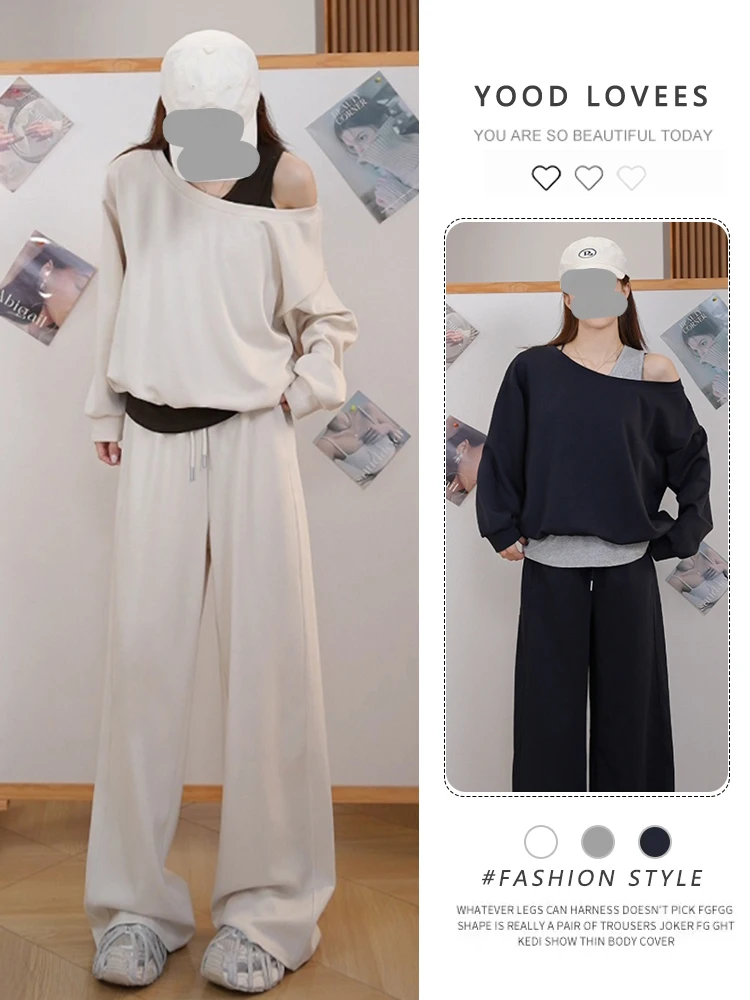 

Spring Autumn 2026 Casual off Shoulder Fake Two Piece Hoodie Set Women Light Maturity Style Two Piece Trendy High Waist Long ...