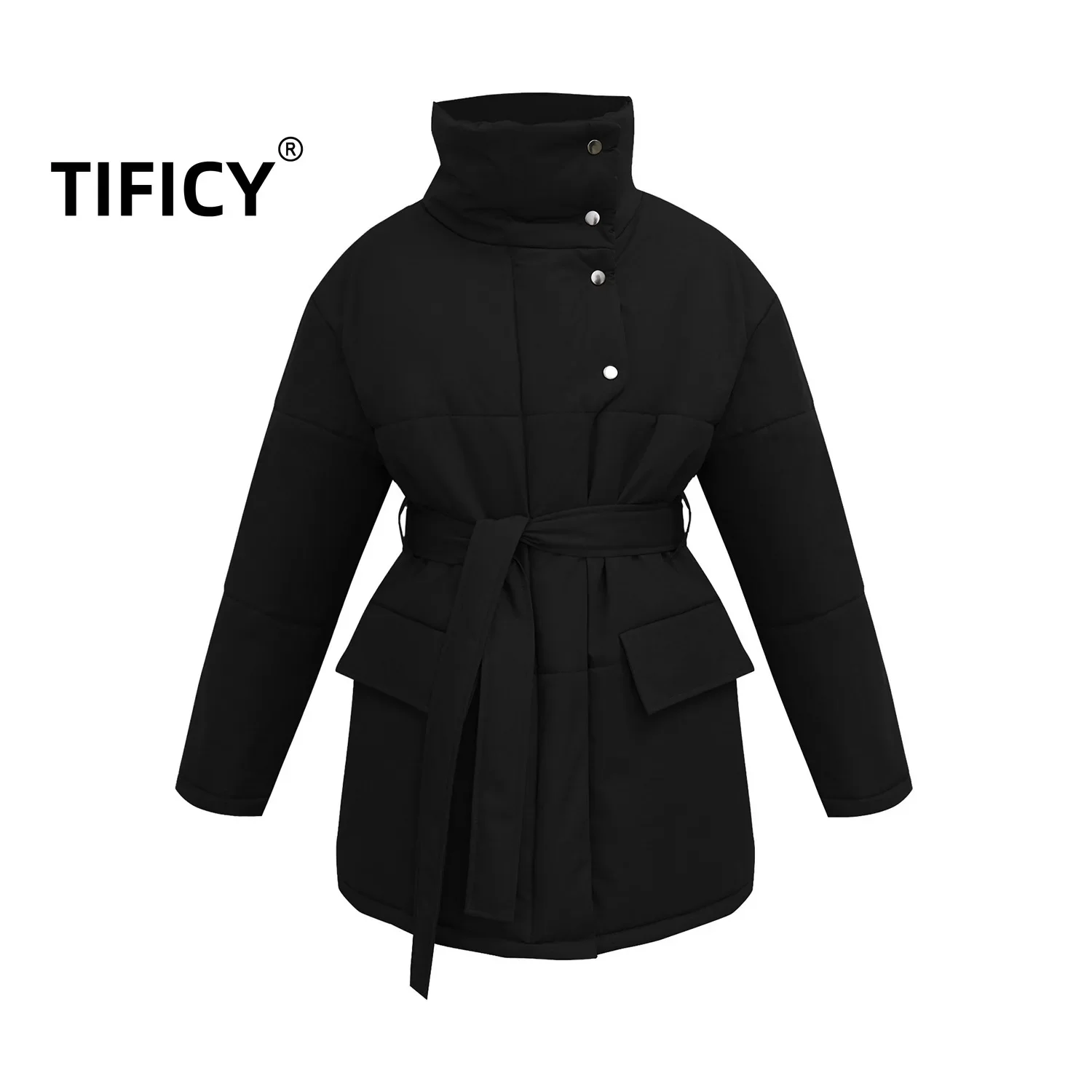 Standing Collar Padded Jacket Women\'s Irregular Buttons and Waistband Autumn and Winter Temperament Medium Length Parkas