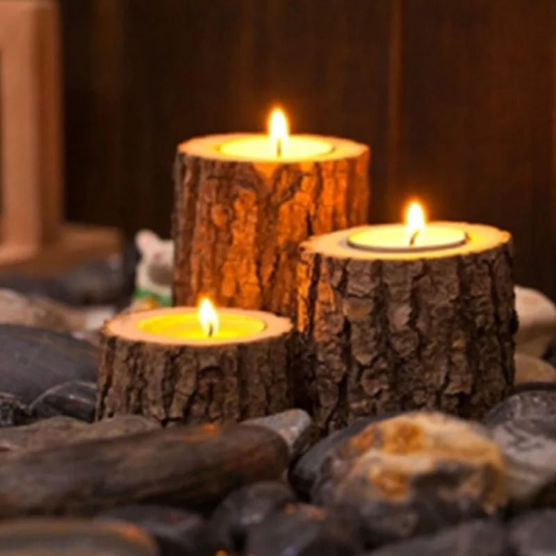 Set of 3 Vintage Wooden Candle Holders, Tree Stump-shaped Scented Candle Base, Home/Wedding/Holiday Decor​