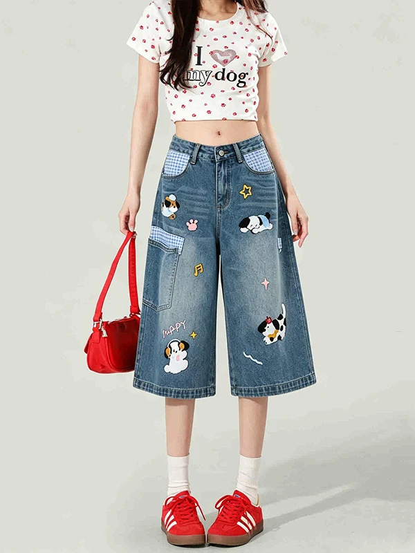 American Style Cartoon Dog Embroidery Loose Jeans Women's Summer New Design High Waist Wide Leg Pants Casual Cotton Blend