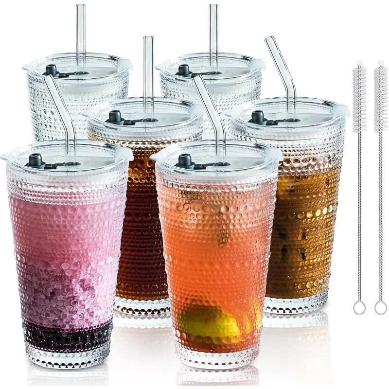 6 Pack Hobnail Drinking Glasses with Lids and Straws, 16oz XL Highball Bubble Cocktail Glasses