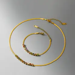 316L Stainless Steel New Hip Hop Colored Zircon Pendant Snake Bone Chain Necklace Bracelet For Women Fashion Fine Jewelry Set