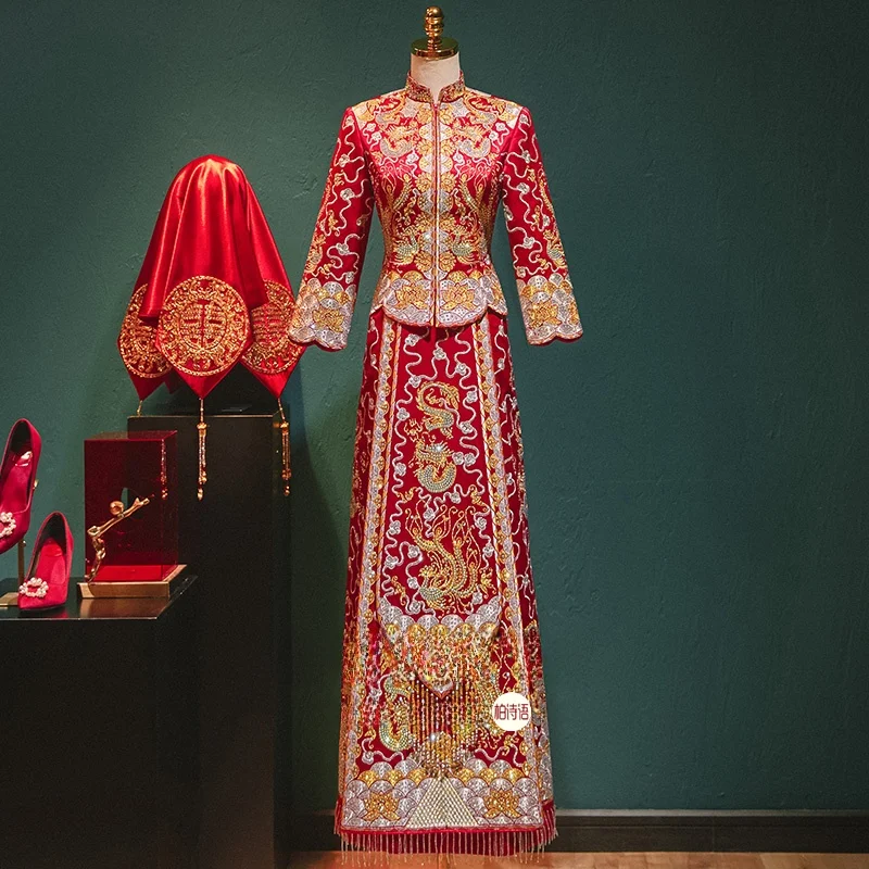 

Bosiyu New 2025 High-End Golden Dragon And Phoenix Wedding Dr for Brides Traditional Chinese Sle Long Sve Polyester F...