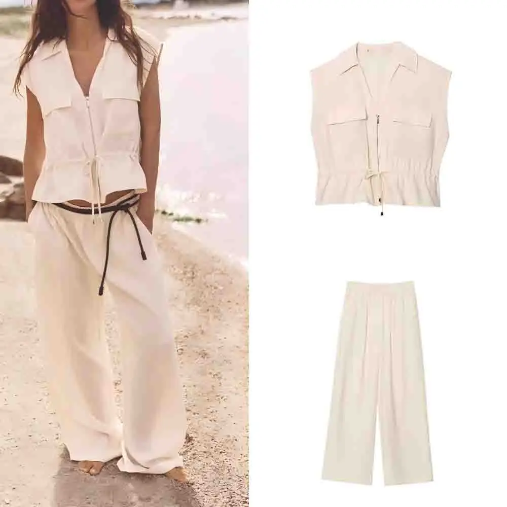 

Women's New fashion With Belt Sleeveless Neutral style V-neck Top Retro Zipper Women's Shirt Chic Top+Pants suit