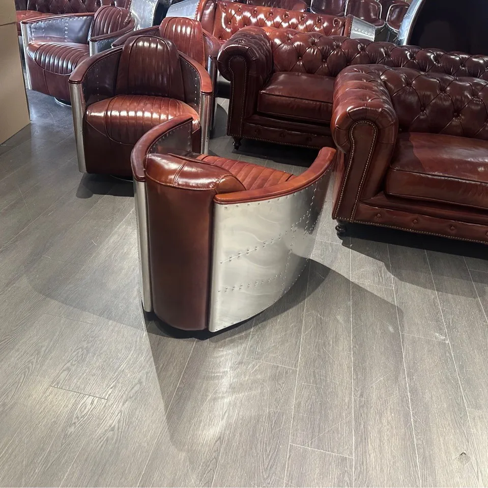 Industrial style leisure sofa chair leather aluminum sheet rivet chair