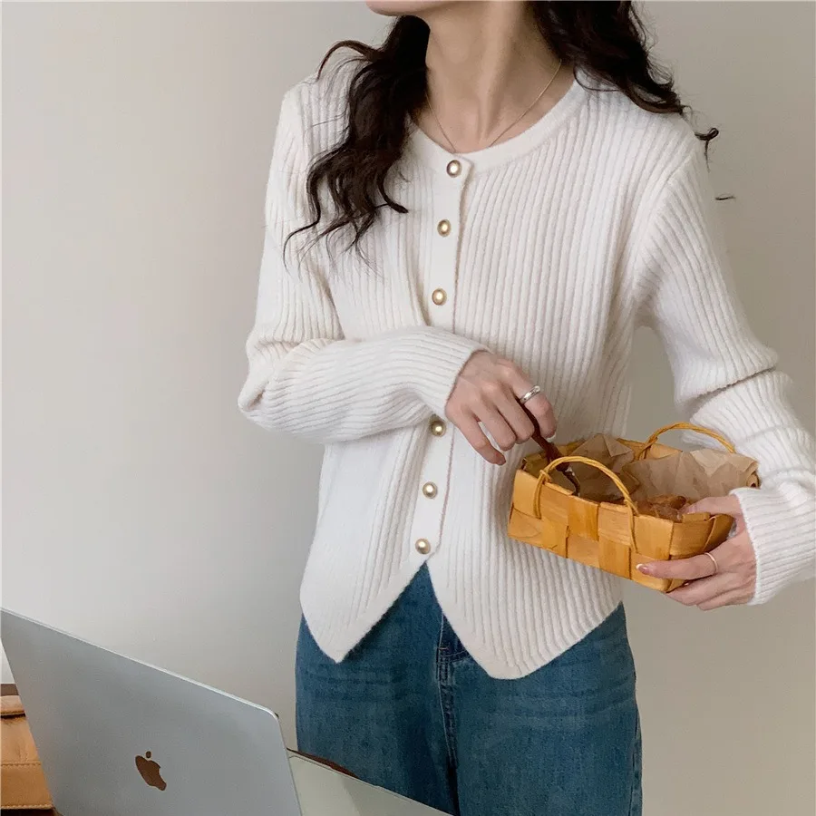 Chaqueta interior elegante de un solo botón para mujer, cárdigan de punto elegante INS, suéter informal liso de manga larga con cuello redondo, abrigo