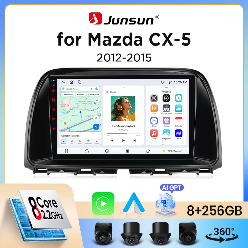 Image of Junsun Wireless CarPlay Android Auto Autoradio für Mazda CX-5 Mk1 (KE) 2012-2017 mit integriertem Lüfter, Android GPS-Navigation, Multimedia-Player, WiFi, DSP, RDS, BT, SWC, IPS-Touchscreen,