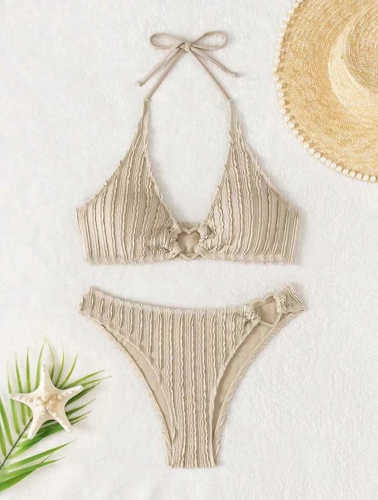 

2025 New Women Sexy Love Heart Bikini Set Special Material Solid Swimsuit Summer Beach Vacation Low Waisted Swimwear Size S,M,L