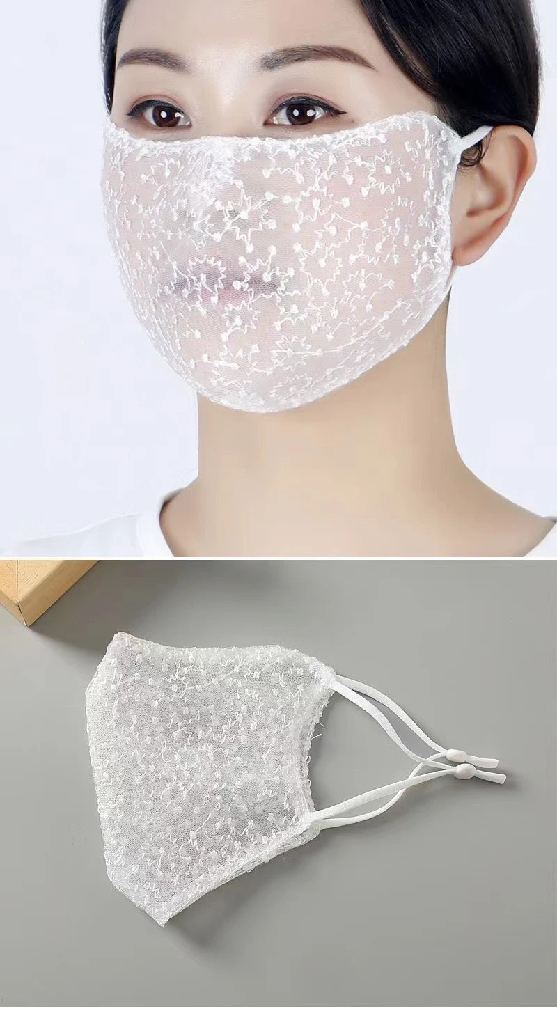Bestickte Spitzen-Sonnenmaske für Frauen, UV-Schutz, atmungsaktiv, verstellbare Ohrschlaufe, waschbar, durchsichtige Gesichtsmaske mit winzigen Blumenmuster – Detail 2