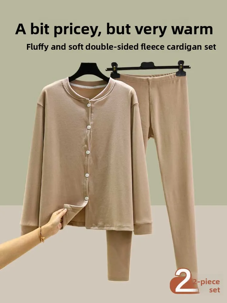 

Self-Heating Fleece Women's Sleepwear Set with Buttoned Flannel Pajamas And Pants Large Size Home Clothes Two-Piece Set