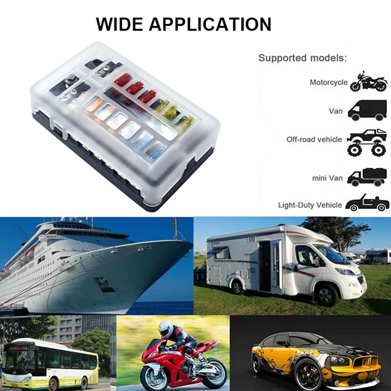 Bloco de fusíveis 12v, kit de caixa de fusíveis de 12 circuitos, com indicador led com caixa de fusíveis marinhos negativos para carro, barco, caminhão rv