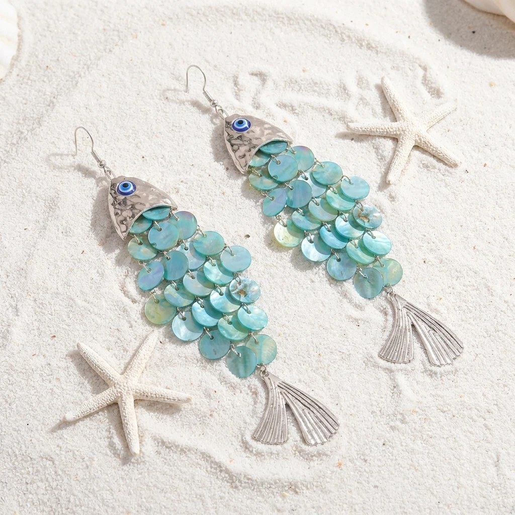 Design Sense Fischförmige Ohrringe Kreative Mehrschichtige Muschel-Quasten-Ohrhänger Nischen-Sommer-Strand-Urlaubsschmuck – Detail 6