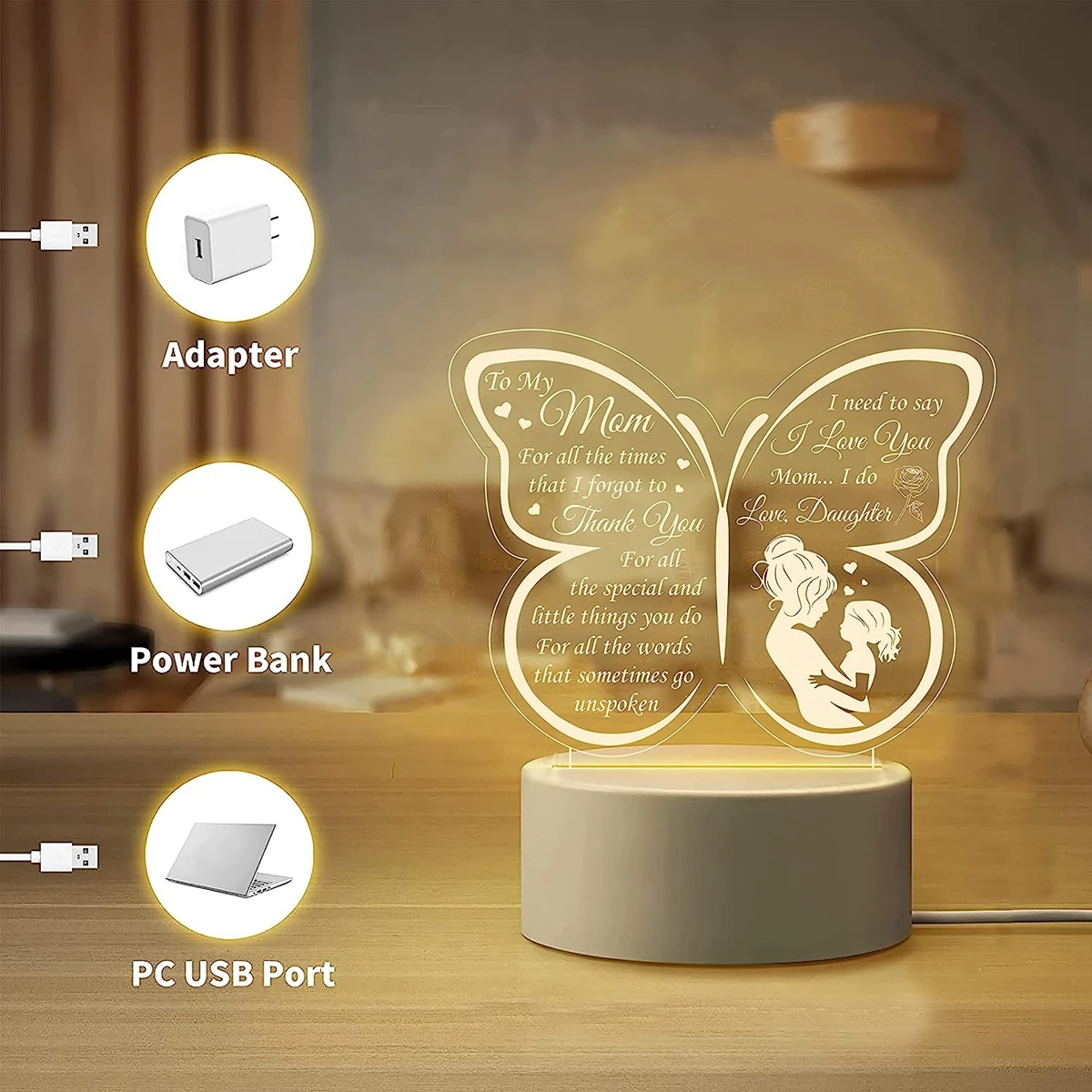 Sweet Butterfly Shape Quote Night Light Illusion Lamp For Mother Days Gift Led Acrylic Lamp Love Mom Gift