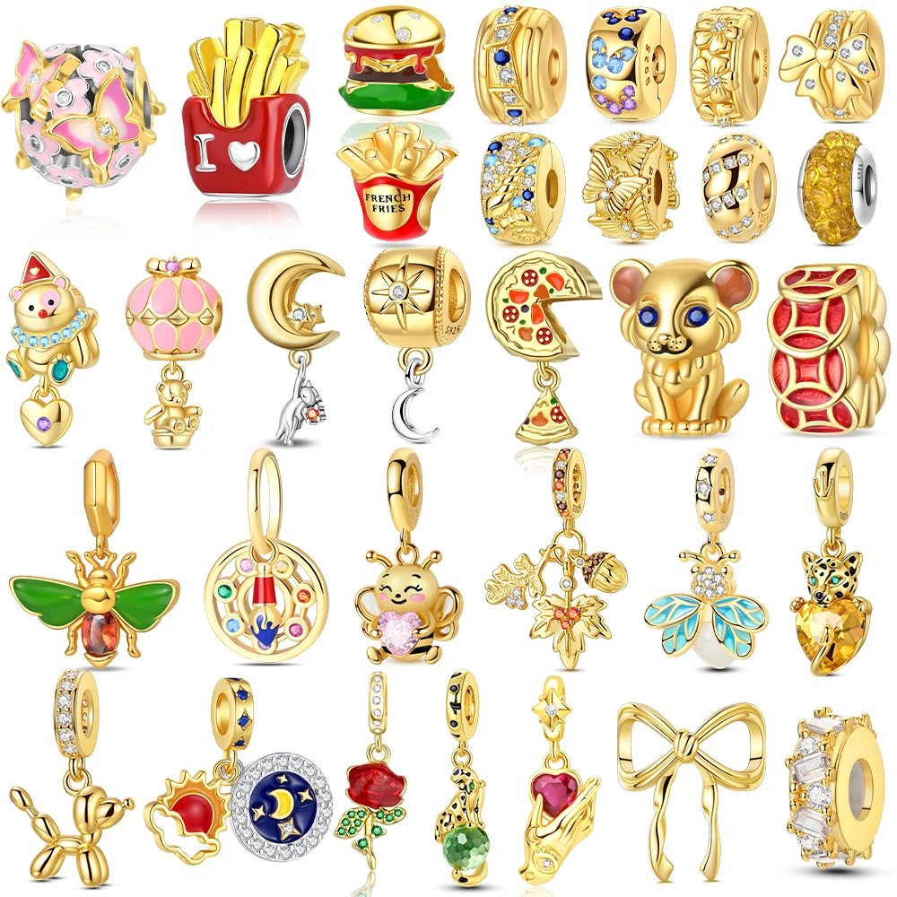 

Original Sparkling Gold Rose Bright Star Heart Dangle Charm Beads 925 Sterling Silver Fit Bracelet DIY Anniversary Jewelry Gift