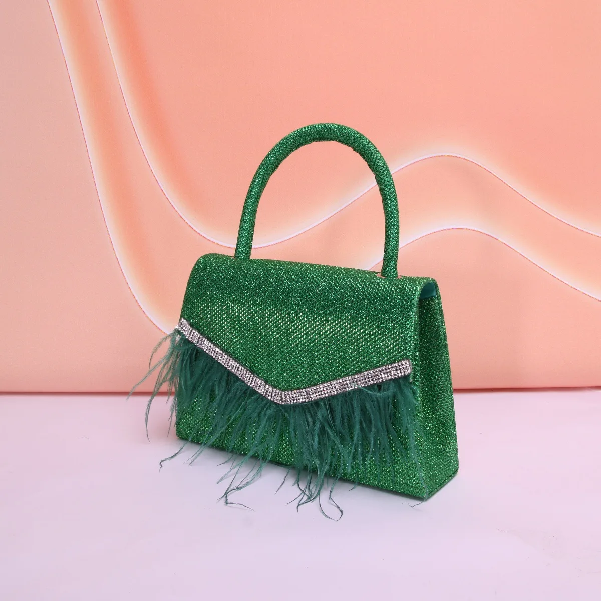 Shining Drill Handle Handbags Fashion Green Feather Tassel Flip Dinner Evening Bags For Women Wedding Party Chain Shoulder Bag