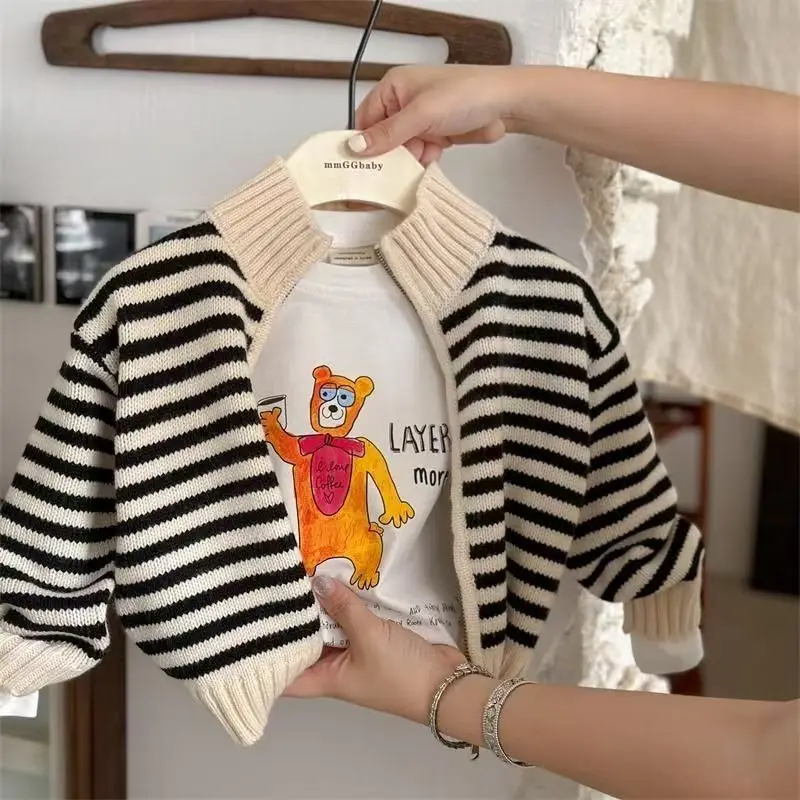 Children's Sweater 2024 Spring And Autumn New Style Boys' And Girls' Fashion Striped Knitted Cardigan Baby Zipper Coat