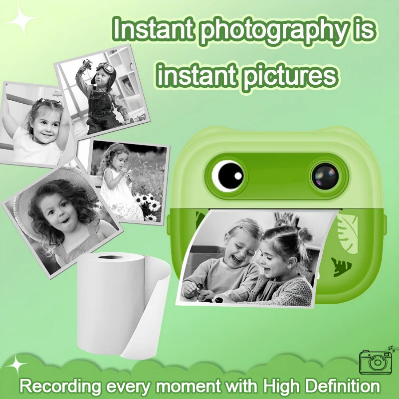 كاميرا رقمية للأطفال من بولارويد بدقة عالية مع طباعة الصور، كاميرا لعبة على شكل ديناصور لطيف