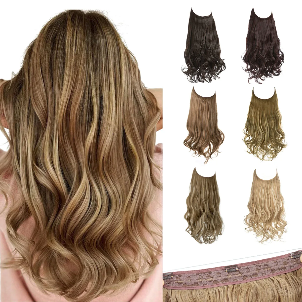 

Nice Premium Synthetic Invisible Wire with Clip in Hair Extensions Daily Use Hairpieces Long Brown Natural Wavy Fake Hair Piece