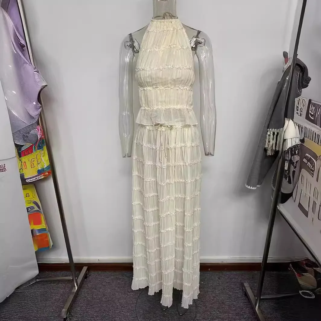 Wein Lady Woman Backless Hanging Neck Suspender Drawstring Chiffon Pleated Long Skirt Purple Sexy Summer Set Two Piece Suit