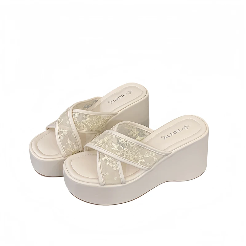 

Black Wedge Slippers Woman High Heels Platform Shoes Pink Mesh Embroidery Chunky Heels Sandals Casual Summer Beach Shoes