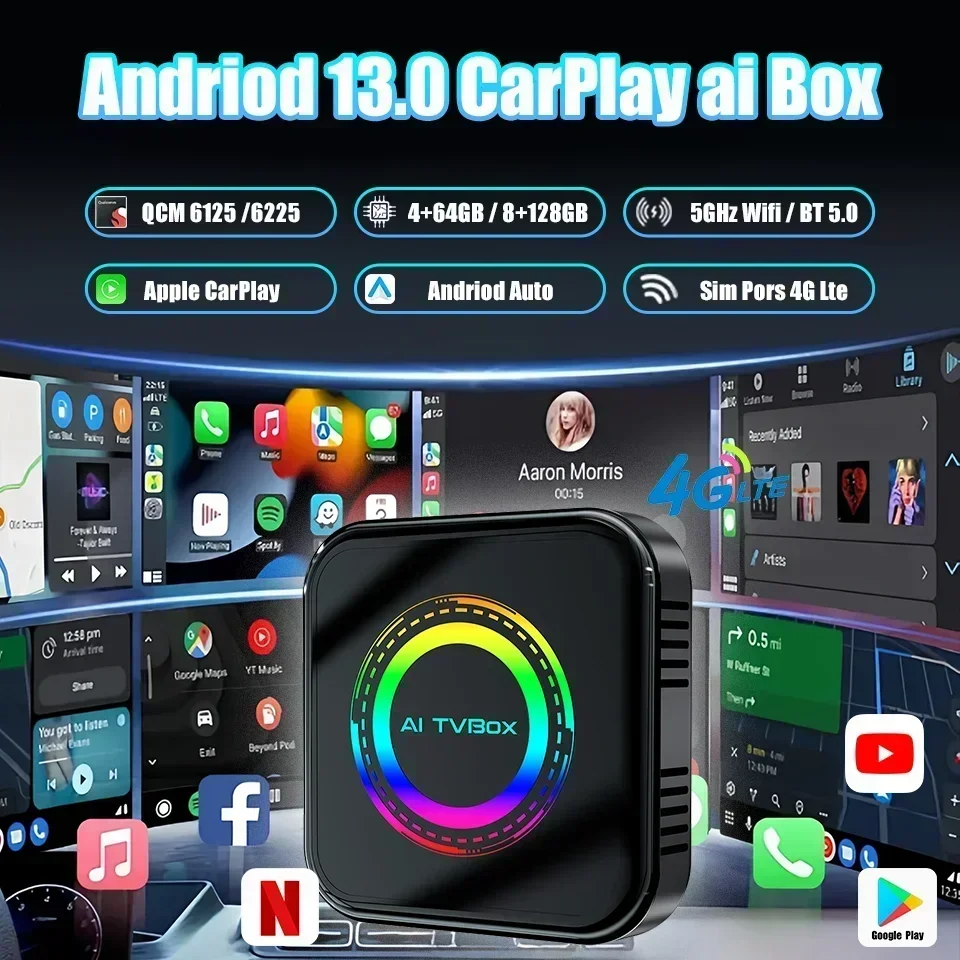 

New Android 13 Ai Box Apple CarPlay & Android Auto 3In1 Car Smart Led Multimedia Box 4G LTE Qualcomm 8 Core 64G 128G Plug & Play