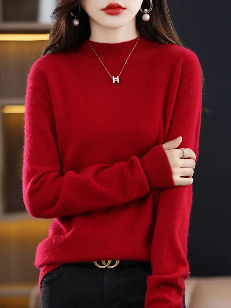 

Aliselect Fashion Autumn Winter 100% Merino Wool Sweater Women Knitted Mock-Neck Long Sleeve Cashmere Pullover Clothing Top