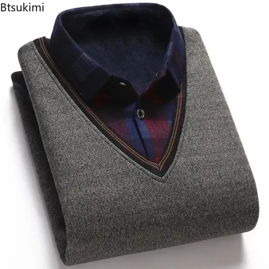 New 2024 Men\'s Warm Velvet Padded Shirt Collar Sweater Loose Knit Slim Sweater Men Winter Fake Two-piece Sweater Male Warm Tops